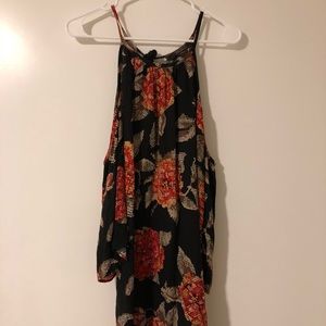 Floral print black and red cold shoulder dress